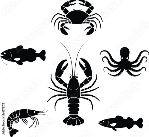 Black and white illustration featuring a grid of marine life silhouettes.