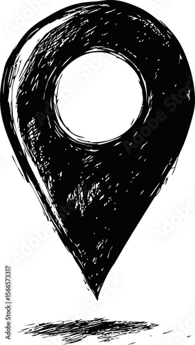 Black and white sketch of a location pin icon with textured details