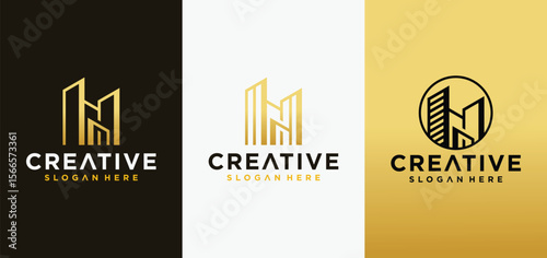 House and building construction logo concept line art, modern building construction vector