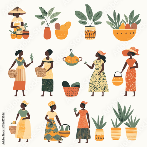 Colorful flat African market clipart set with women, baskets, fruits and pottery for packaging, greeting cards, eco products and wall decor