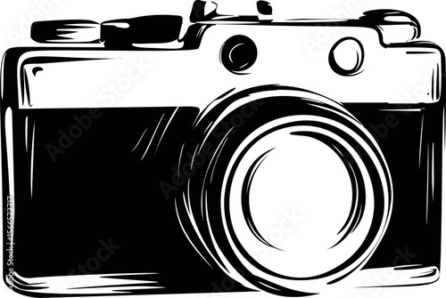 Black and white sketch of a vintage camera with detailed lens and buttons