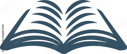Open book silhouette with fanned pages icon in dark blue graphic art