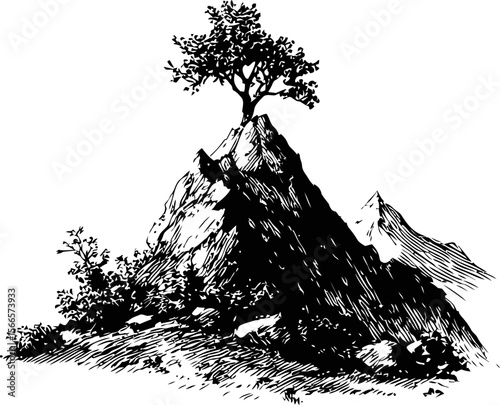Lonely tree atop rocky mountain peak with sketchy illustration style