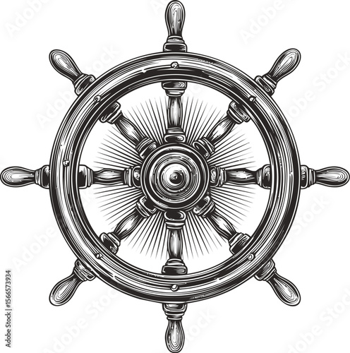 Detailed black and white ship steering wheel, vintage nautical illustration