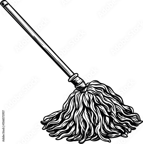 Black and white illustration of a mop with detailed handle design