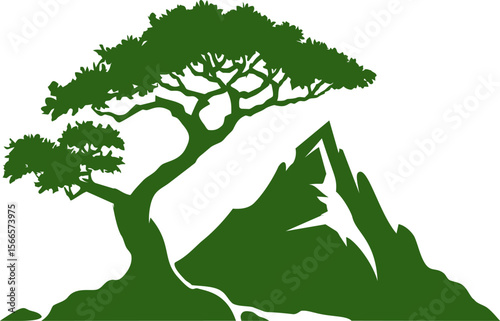 Silhouette of a tree beside a mountain in green minimalist style