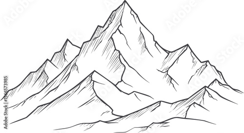 Black and white sketch of mountain peaks in a line art style illustration