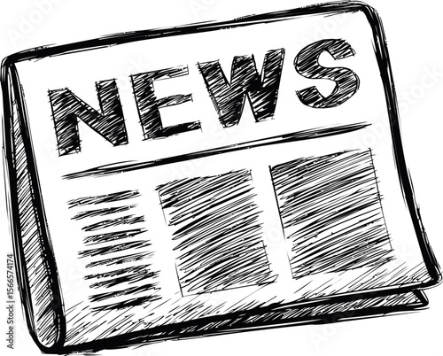 Illustration of a sketchy newspaper with big bold news headline, black and white art