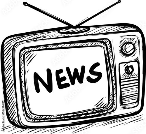 Sketch of a vintage television with 'news' on screen in black and white