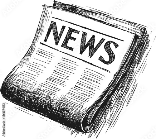 Black and white sketch of a folded newspaper with the headline 'news'