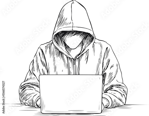 Anonymous person in hoodie using laptop sketch, concept of cyber security