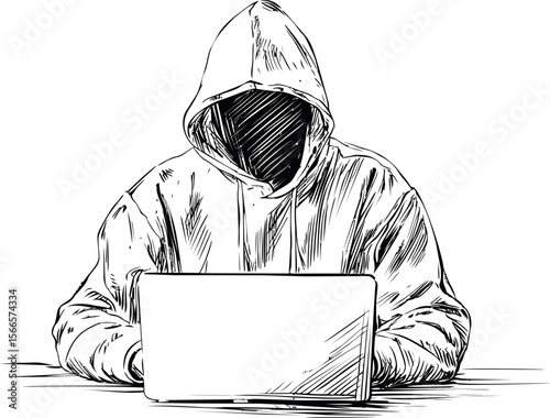 Hooded figure working on a laptop in black and white line art, anonymity concept