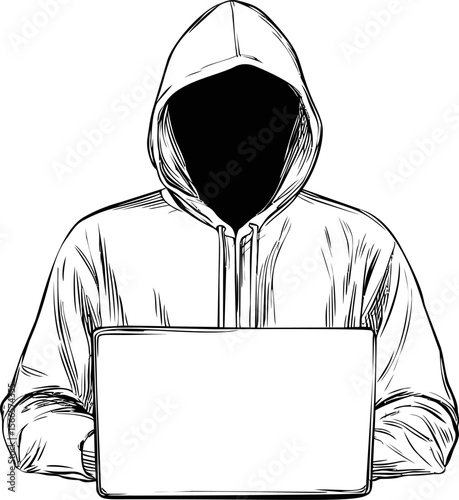 Hooded figure with a laptop in black and white line art, hacker concept