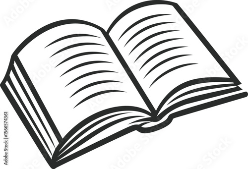 Black and white outline of an open book with visible pages, concept of learning