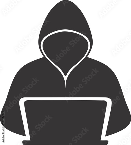 Hooded figure silhouette using a laptop, anonymous hacker concept