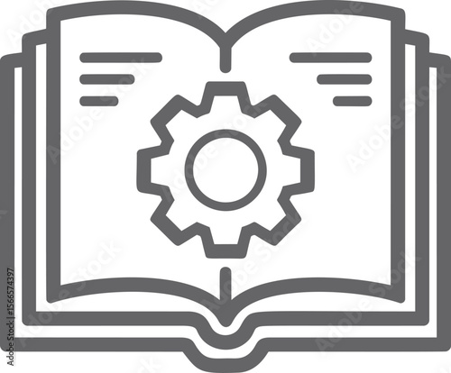 Book with gear symbol representing technical knowledge and innovation