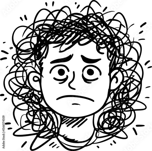 Black and white illustration of a worried face with tangled hair