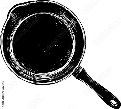 Black and white illustration of a vintage frying pan with a handle sketch