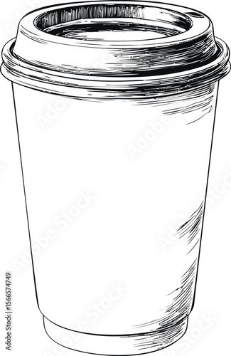 Illustration of a takeaway coffee cup in detailed black and white sketch, coffee culture