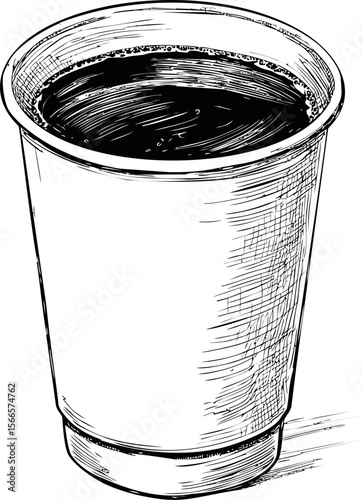 Line drawing of a simple coffee cup filled with dark beverage, artistic sketch