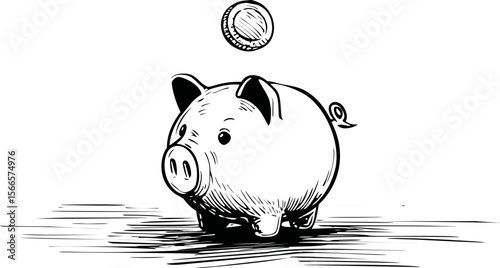 Black and white drawing of a piggy bank with coin above, savings concept