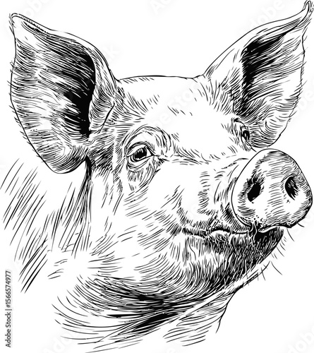 Illustrated monochrome portrait of a pig showing texture in black lines