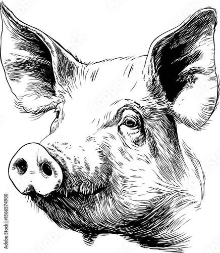 Black and white illustration of a pig head showing detailed line art sketch