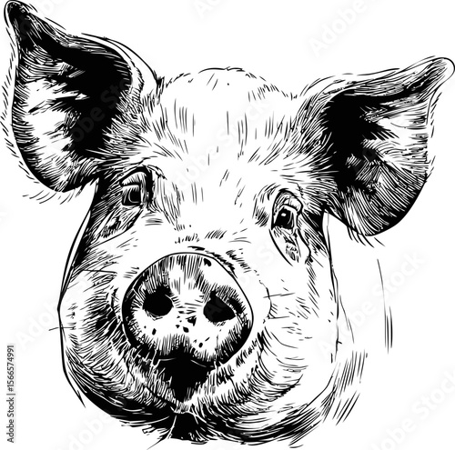 Detailed black and white sketch of a pig's face with expressive features
