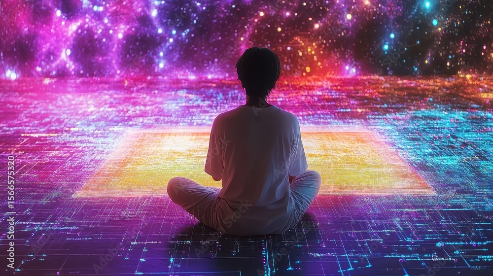 Person Meditating in Cosmic Space Surrounded by Colorful Patterns Person Meditating in Cosmic Space Surrounded by Colorful Patterns