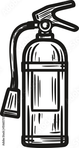 Black and white illustration of a fire extinguisher with detailed shading