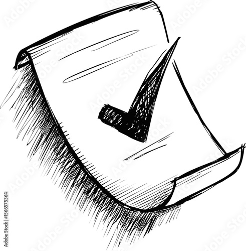 Hand-drawn check mark on textured page, abstract sketch design