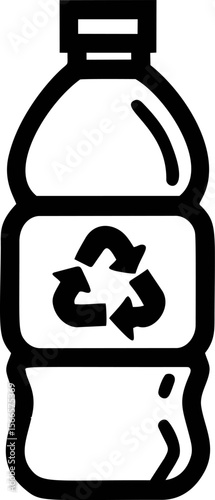 Black and white plastic bottle with recycle symbol line art illustration
