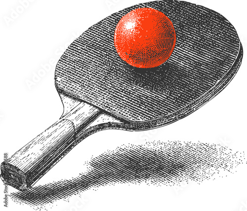 Red table tennis ball on vintage wooden paddle, detailed sketch illustration