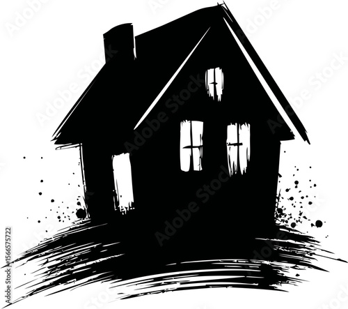Silhouette of a spooky house in black ink brush style with abstract splatters