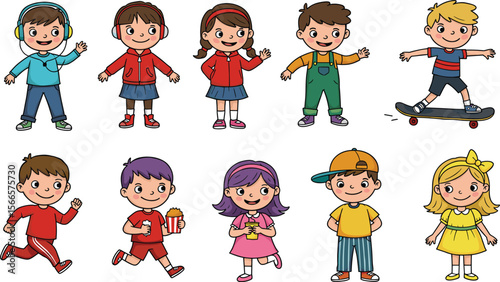 Cute cartoon children characters, happy boys and girls, various poses, playful kids, colorful outfits, isolated vector, children activities illustration flat vector illustration