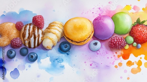 Light and whimsical watercolor of assorted treats, abstract and colorful