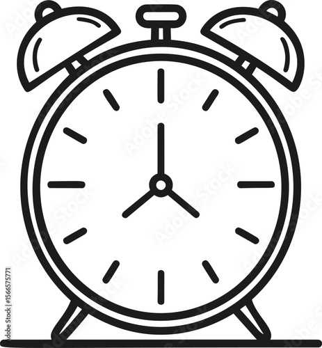 Black and white illustration of a classic alarm clock icon