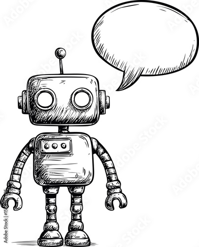 Cute sketch of a vintage robot with a speech bubble in black and white illustration