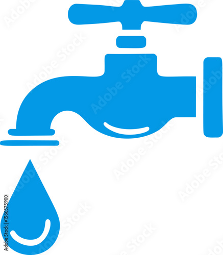 Blue water faucet with a single water droplet coming out, minimalistic icon