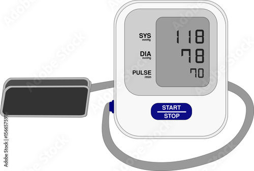 Digital Blood Pressure Monitor with Arm Cuff Showing Normal Reading – SYS 118 DIA 78 Pulse 70