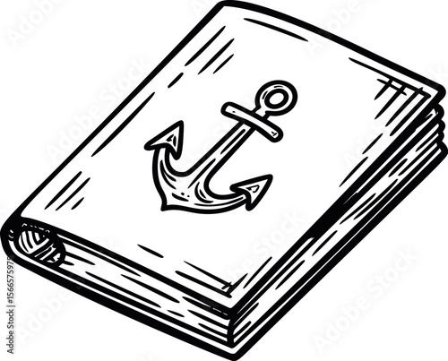 Illustration of a closed nautical book with anchor symbol on cover, black and white
