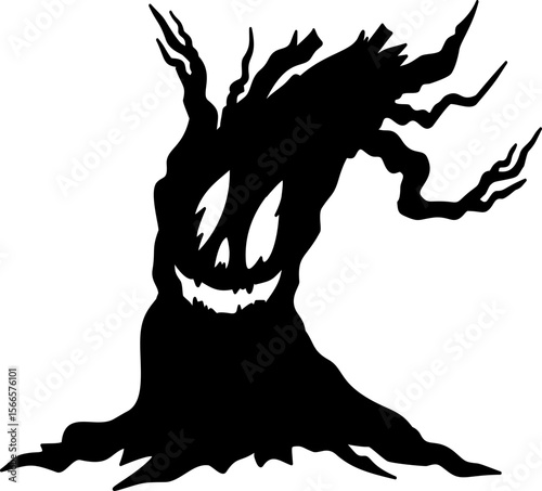 Hand drawn halloween tree ghost silhouette doodle illustration