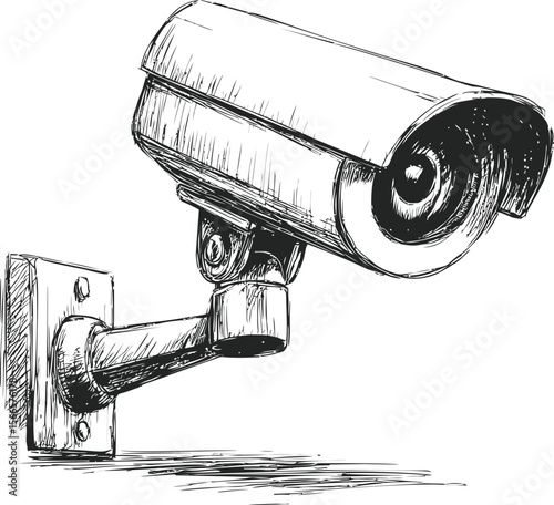 Sketch of a mounted surveillance camera in black and white