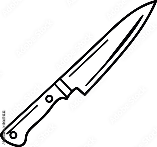 Black and white illustration of a chef's knife with a detailed handle design