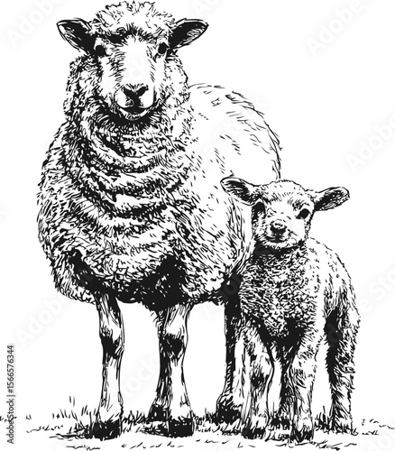 Black and white illustration of a sheep and lamb standing together