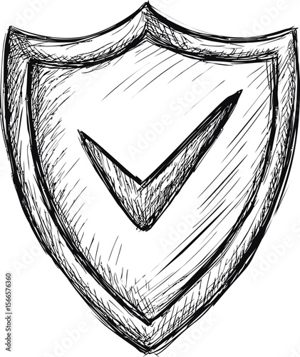 Black and white sketch of a shield with a check mark symbol for security concept