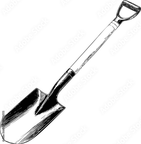 Sketch of a garden shovel with a wooden handle and metal blade isolated on white