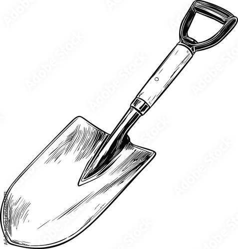 Detailed black and white sketch of a garden shovel with a wooden handle