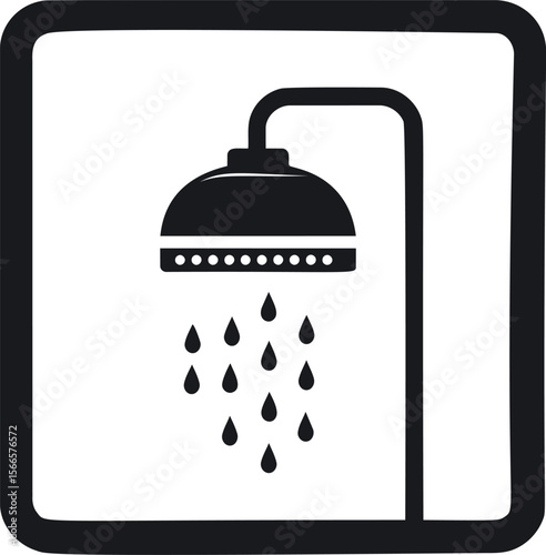 Black and white shower icon with water droplets on a square background