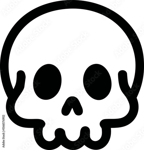 Black and white illustration of a skull with large eyes in minimal style